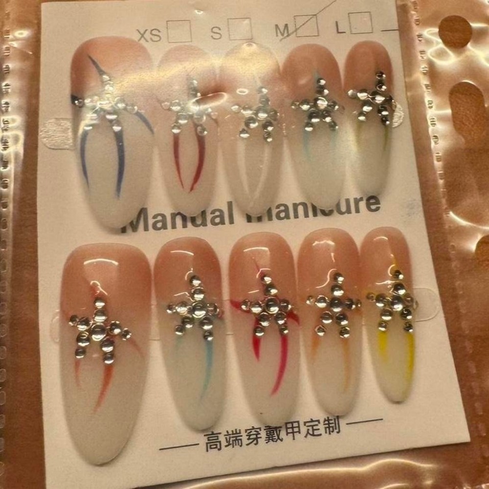 Press On Nails Almond Peach Rhinestone‎ Gem Accent Manicure False Nails